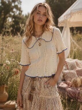 216 • Evelyn Knit Top | Cream Sailor Collar Eyelet Sweater Top